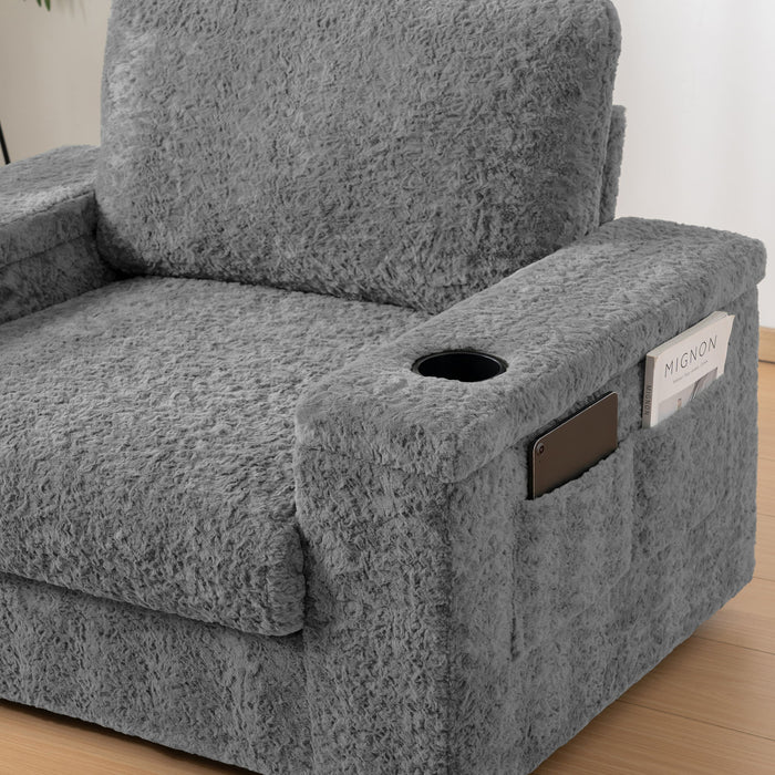 Oversized Chaise Lounge Indoor Rabbit Fur Sofa Bed With Storage Ottoman And Armrests Cup Holders With Deep Seat