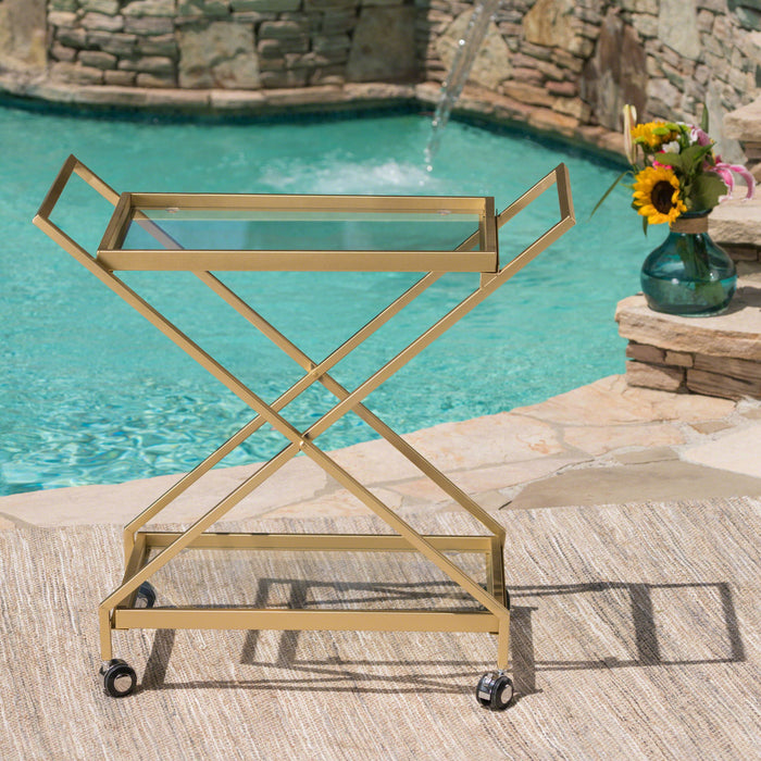 Sherianne - Industrial Bar Cart With Tempered Glass Shelves And Swivel Wheels - Gold