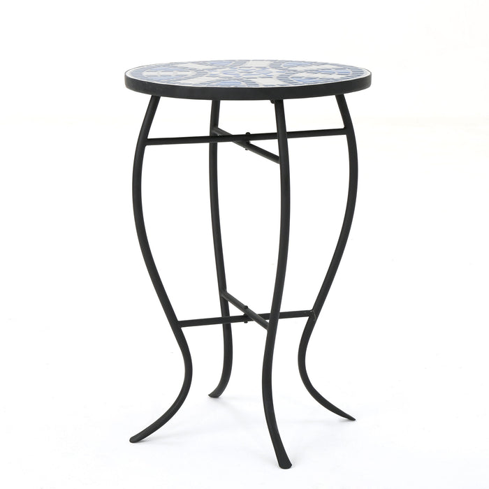Outdoor Round Side Table With Mosaic Style Top And Curved Iron Legs - Blue / Matte Black