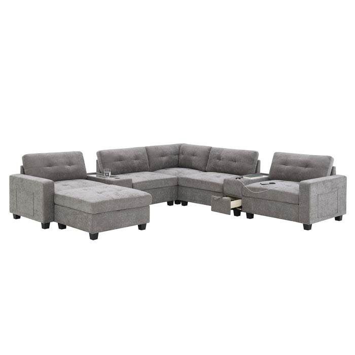 Sectional With Acrylic Table Top U Shaped Couch Set With 2 Consoles USB Charger, Storage Drawers And Pockets Movable Ottoman Tufted Sofa