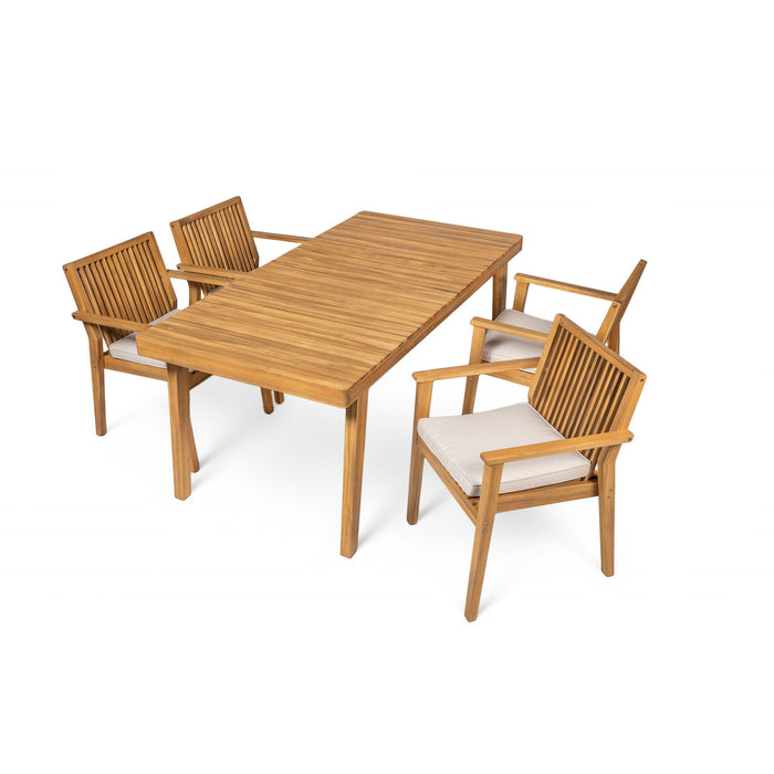 5 Piece Patio Furniture Set Acacia Wood Table And 4 Heavy Duty Cushioned Chairs
