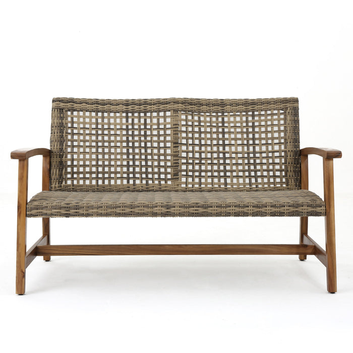 Outdoor Rattan Loveseat With Wooden Legs - Brown