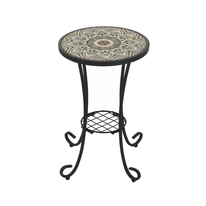 Ceramic Tile And Iron Patio Side Table With Shelf