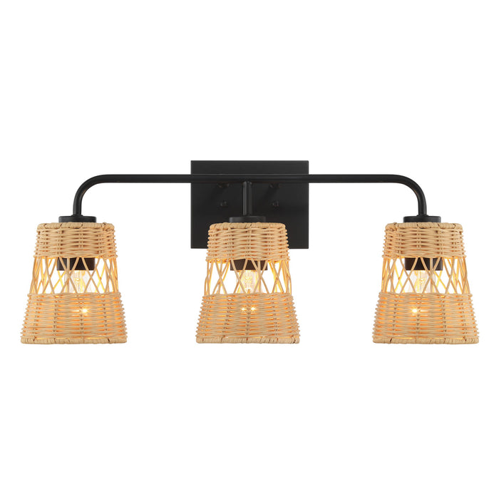 Moonlit - 3 Lights Wall Sconce With Shade, Bathroom Lighting Fixtures Over Mirror - Black / Rattan