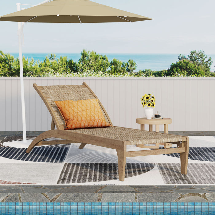 Outdoor Rattan Wicker Chaise Lounge With Acacia Wood Frame - Light Brown