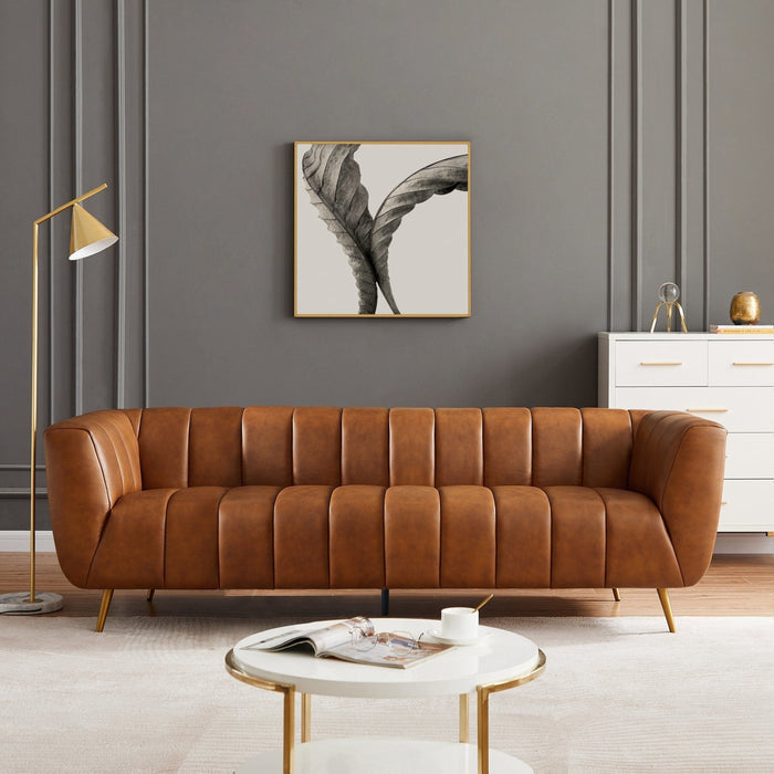 Ava - Genuine Italian Leather Channel Tufted Sofa - Gold / Tan