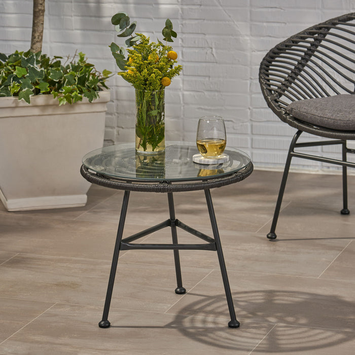 Cowan - Outdoor Wicker And Glass 3 Piece Chat Set With Cushions - Gray