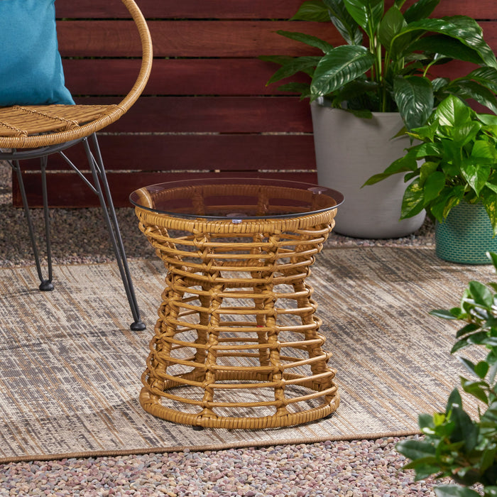 San Pedro - Boho Style Side Table With Tempered Glass Top - Light Brown Rattan