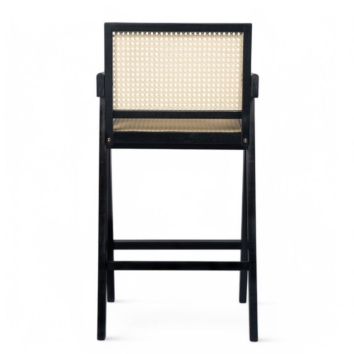 Modern Minimalist Bar Stool With Cane Seat - Black / Natural