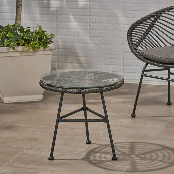 Cowan - Outdoor Wicker And Glass 3 Piece Chat Set With Cushions - Gray