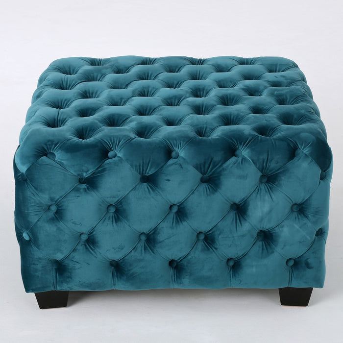 Unwind Upholstered Square Ottoman With Button Tufted Diamond Stitch - Teal