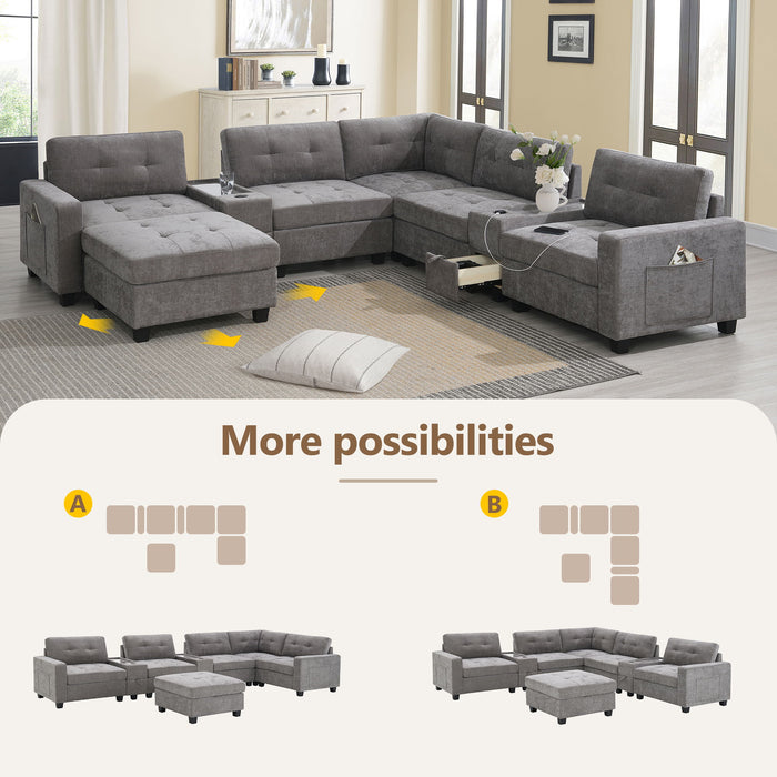Sectional With Acrylic Table Top U Shaped Couch Set With 2 Consoles USB Charger, Storage Drawers And Pockets Movable Ottoman Tufted Sofa