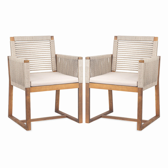 Acacia Wood Outdoor Dining Chairs (Set of 2) With Rope Design Back And Arms, Washable Cushion - Light Brown