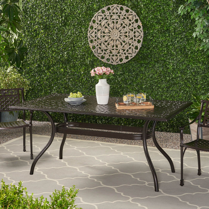 Celestine - Outdoor Cast Aluminum Dining Table With Floral Lattice Design And Umbrella Holder