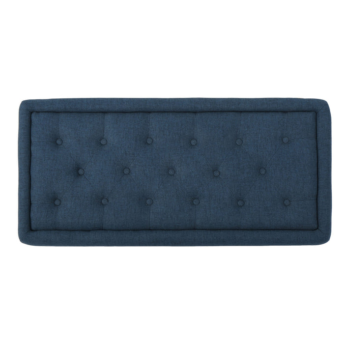 Hyatt - Suede Storage Ottoman With Tufted Top And Dark Wooden Legs - Navy Blue