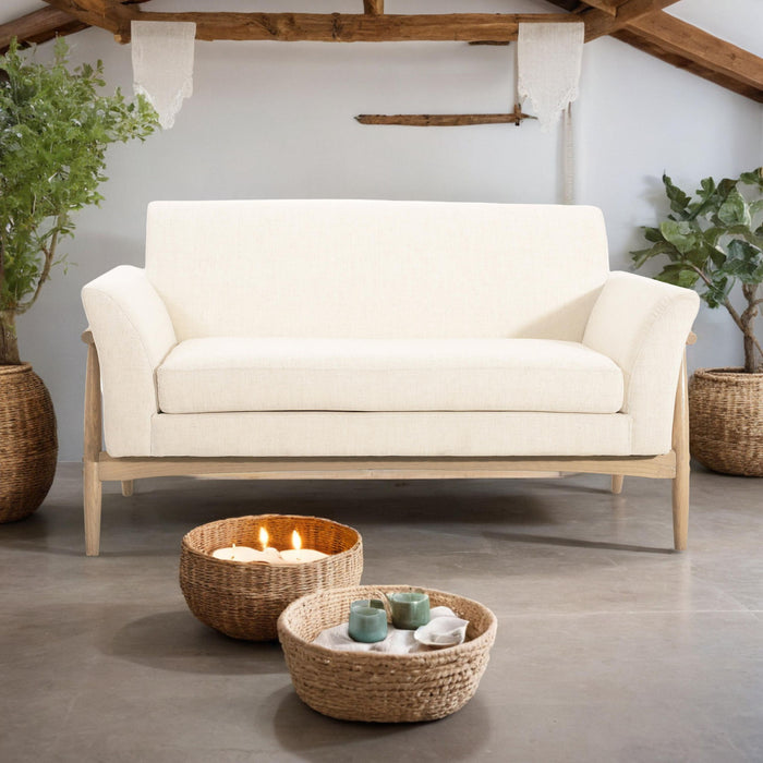 Modern Fabric Upholstered Loveseat With Elm Wood Legs And Flare Arms - Beige