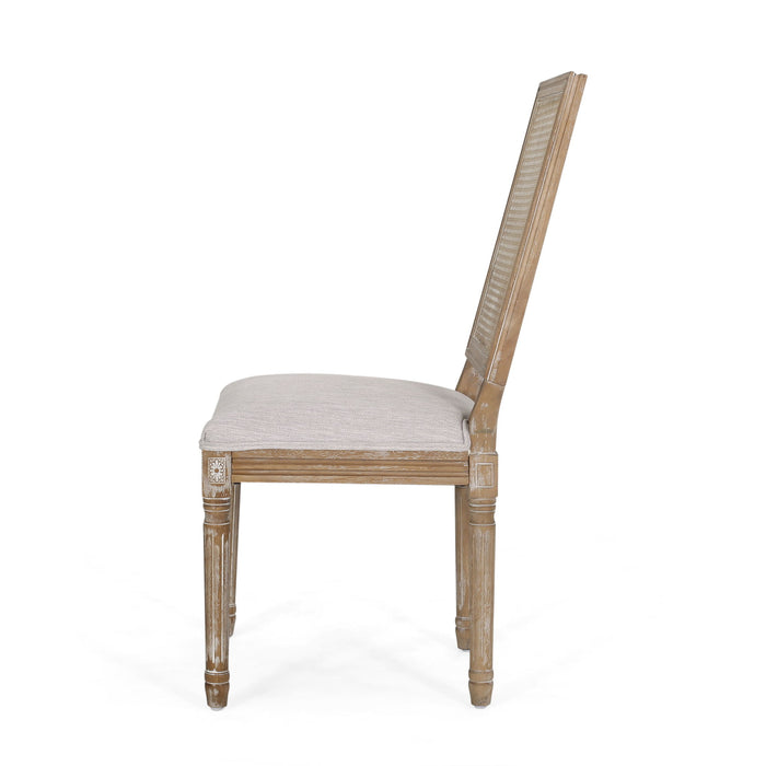 French Country Dining Chair With Rectangular Cane Backrest And Smooth Upholstered Seating