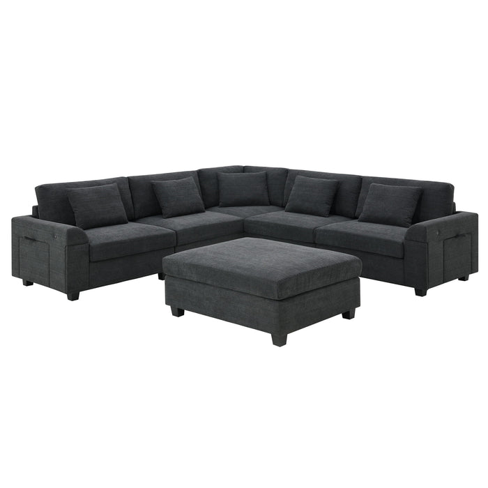 U Shaped Sectional Sofa 6 Seat Couch Set With Oversized Ottoman, Hidden Armrest Storage And Cup Holders USB Charging Ports Wide Seat Sofa