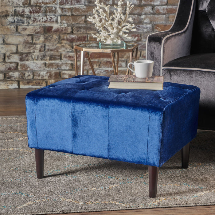 Mid Century Ottoman Velvet With Button Tufting With Birch Wood Legs - Navy Blue