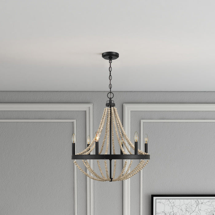 Starry - Chandelier Farmhouse Six Candle Light Wood Beaded Pendant Light For Dining Room - Black / Clear