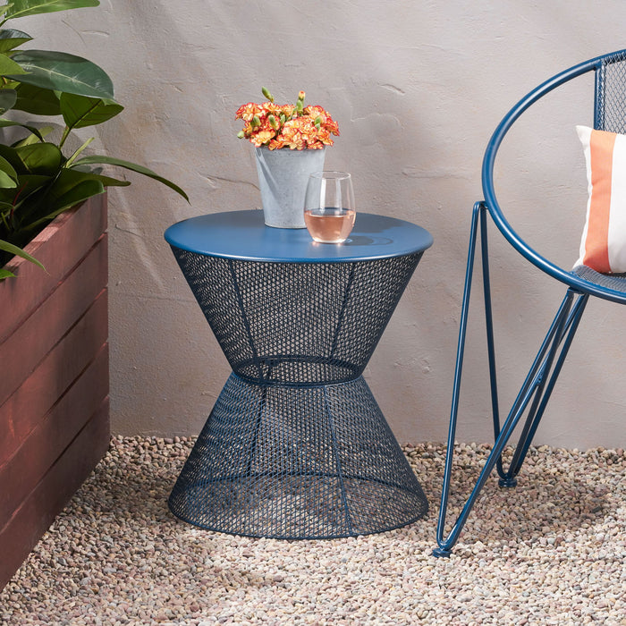 Zine - Outdoor Side Table With Hourglass Shaped And Iron Frame - Navy