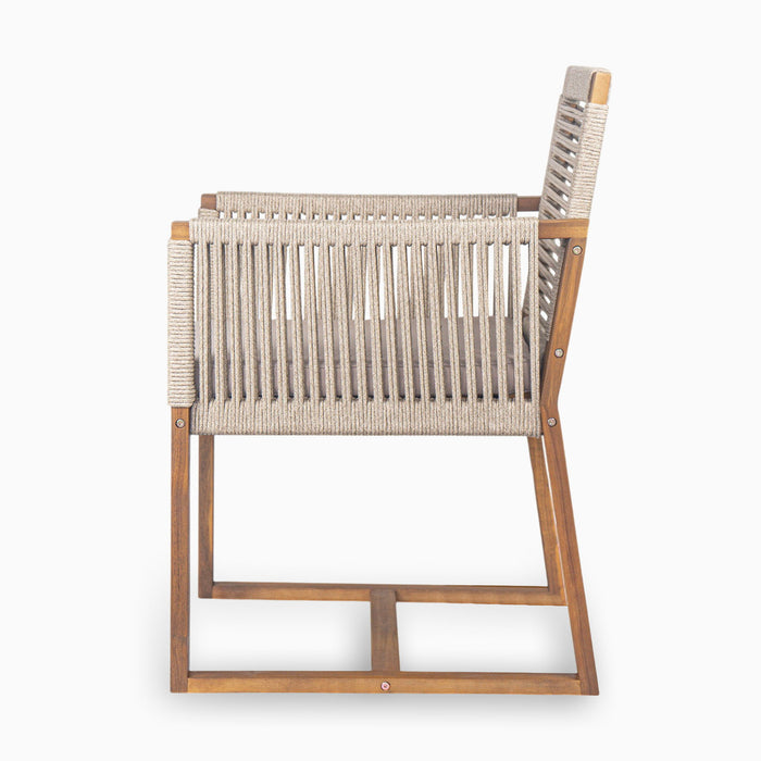 Acacia Wood Outdoor Dining Chairs (Set of 2) With Rope Design Back And Arms, Washable Cushion - Light Brown