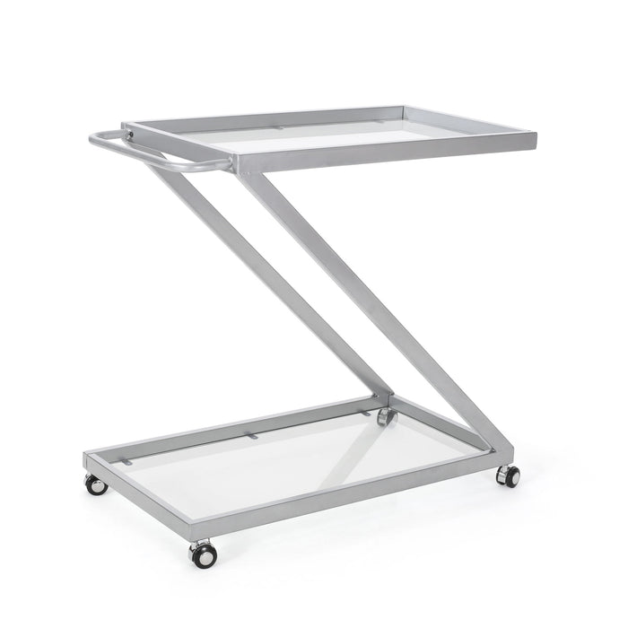 Modern Z Shaped Bar Cart With Tempered Glass Shelves - Silver