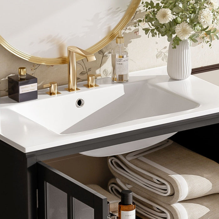 Modern Bathroom Vanity With Ceramic Sink, Tempered Blurred Glass Doors