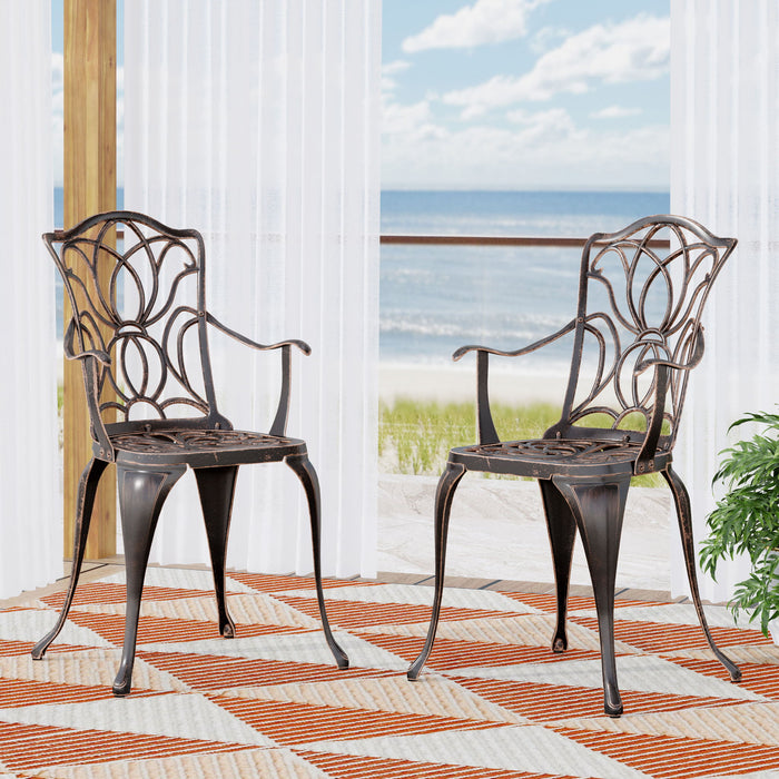 Outdoor Dining Chair With Floral Design And Curved Saber Legs (Set of 2) - Copper
