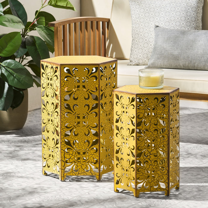 Outdoor Hexagonal Accent Table Set With Charming Fleur De Lis Panel Sides - Antique Yellow
