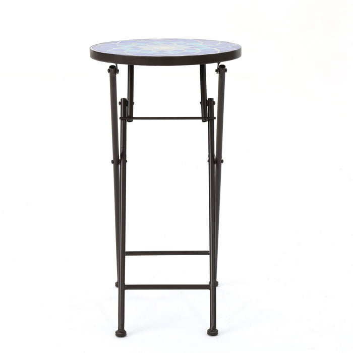 Outdoor Folding Accent Table With Glass Top And Iron Frame - White / Blue