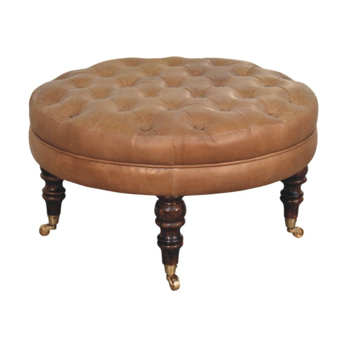 Buffalo - Leather Round Ottoman With Castor Legs - Brown