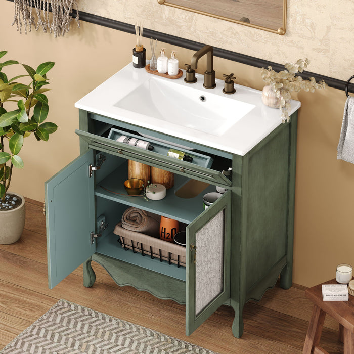 Bathroom Vanity With Rectangle Sink, Tip Out Tray - Antique Blue Green