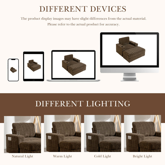 Oversized Chaise Lounge Indoor Rabbit Fur Sofa Bed With Storage Ottoman And Armrests Cup Holders With Deep Seat