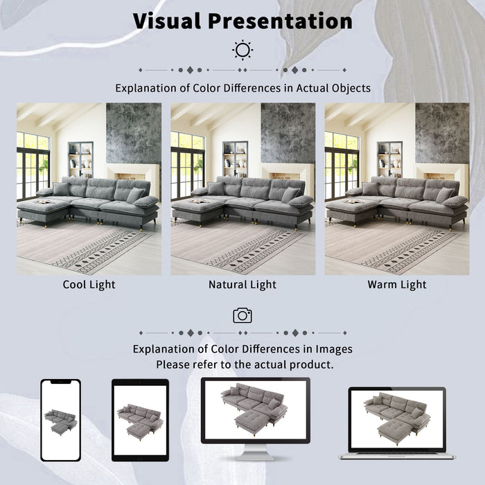 L Shaped Convertible Sectional Sofa 4 Seat Tufted Couch Set With Two Tone Adjust Legs Cloud Movable Ottoman