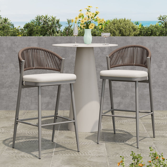 Outdoor Bar Height Metal Frame Counter Stools With Scallop Shaped Backrest & Water Resistant Cushions