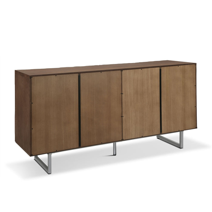 Modern Sculptural Sideboard, Ripple Doors, Adjustable Shelves, Metal Legs - Brown / Silver