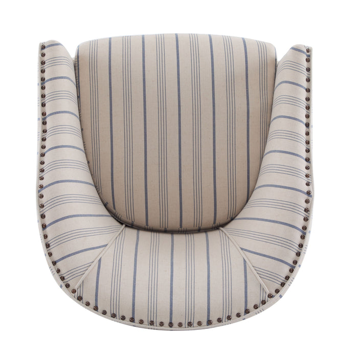 Transitional Upholstered Stripe Barrel Chair With Birch Wood Legs And Plush Cushioned Seat - Beige / Blue Stripe