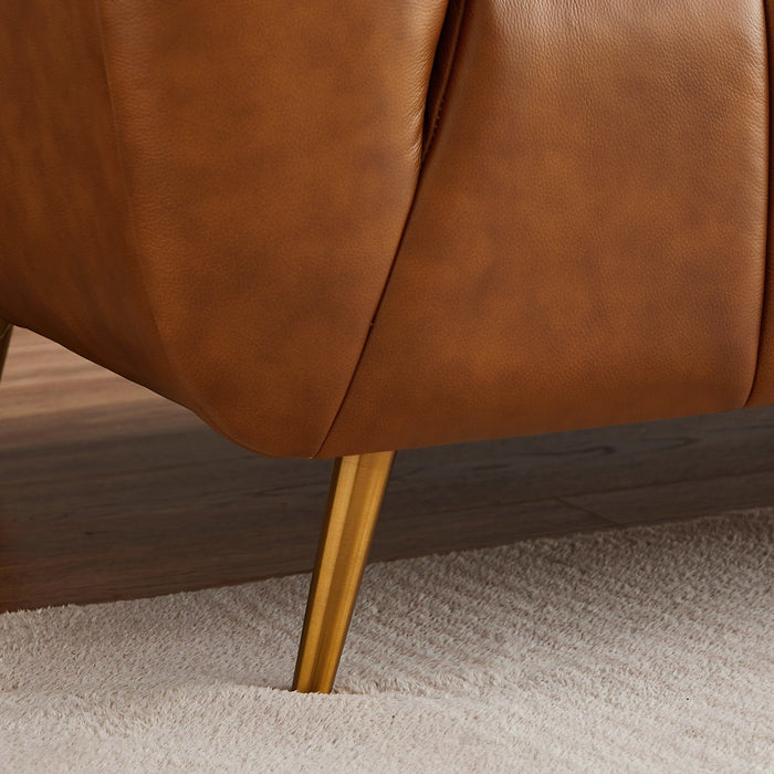 Ava - Genuine Italian Leather Channel Tufted Sofa - Gold / Tan
