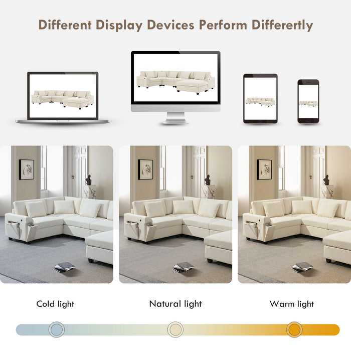 U Shaped Sectional Sofa 6 Seat Couch Set With Oversized Ottoman, Hidden Armrest Storage And Cup Holders USB Charging Ports Wide Seat Sofa