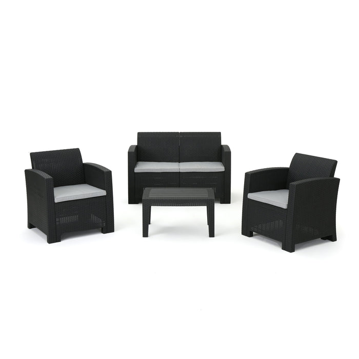 Zephyra - Outdoor 4 Piece Faux Wicker Rattan Chat Set With Water Resistant Cushions - Gray