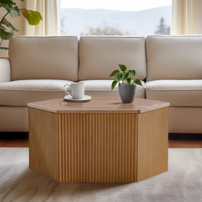 Hexagon Coffee Table With Fluted Design - Natural