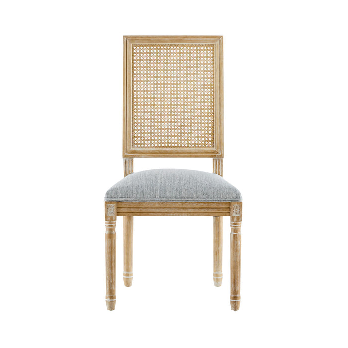 French Country Dining Chair With Rectangular Cane Backrest And Smooth Upholstered Seating