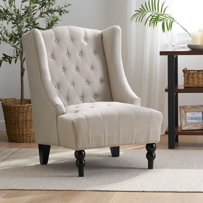 Contemporary Hi Back Club Chair With Wingback Design - Light Beige