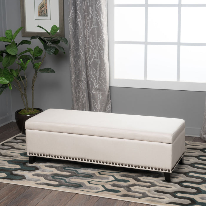 Upholstered Storage Ottoman With Nailhead Trim - Beige