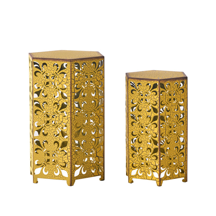 Outdoor Hexagonal Accent Table Set With Charming Fleur De Lis Panel Sides - Antique Yellow