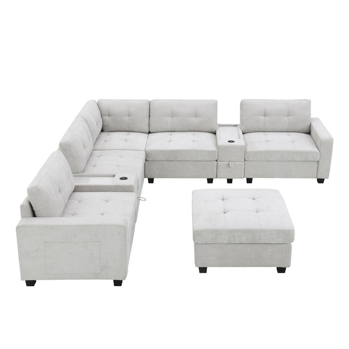 Sectional With Acrylic Table Top U Shaped Couch Set With 2 Consoles USB Charger, Storage Drawers And Pockets Movable Ottoman Tufted Sofa
