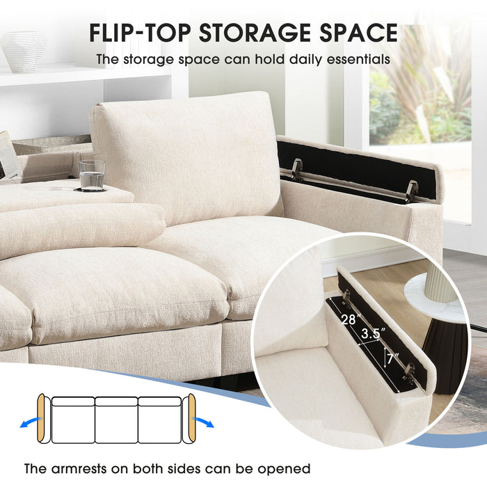 Sectional With Bluetooth Speaker Comfy Cloud Couch Set With Drop Down Table Cup Holders, USB Charger Storage Armrest Wide Seat Sofa