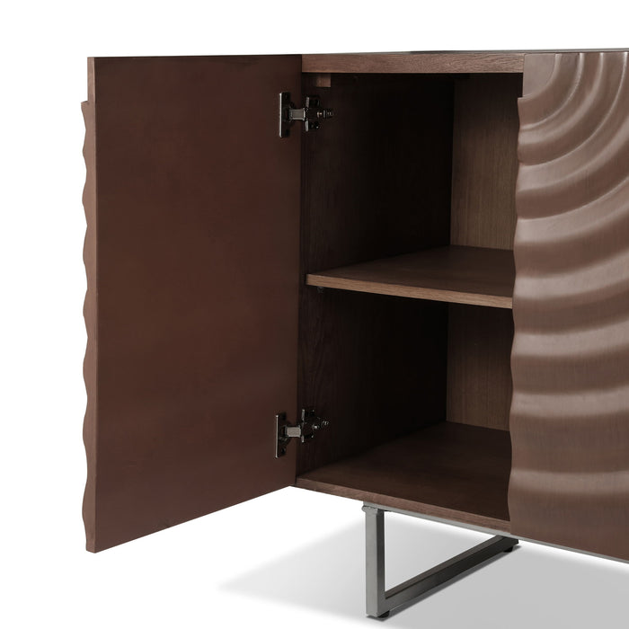 Modern Sculptural Sideboard, Ripple Doors, Adjustable Shelves, Metal Legs - Brown / Silver