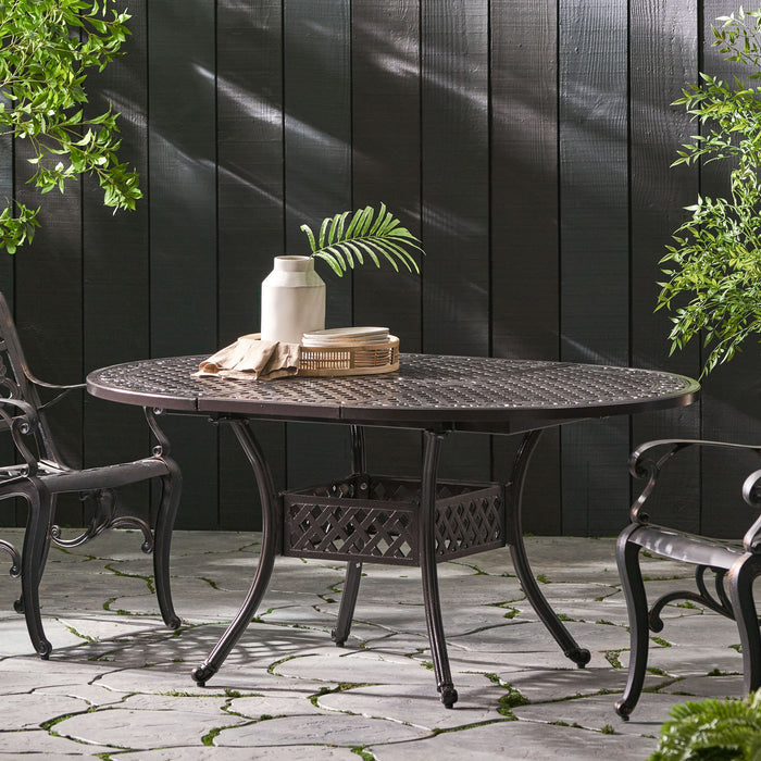Outdoor Expandable Aluminum Dining Table With Latticework Details And Curvy Legs